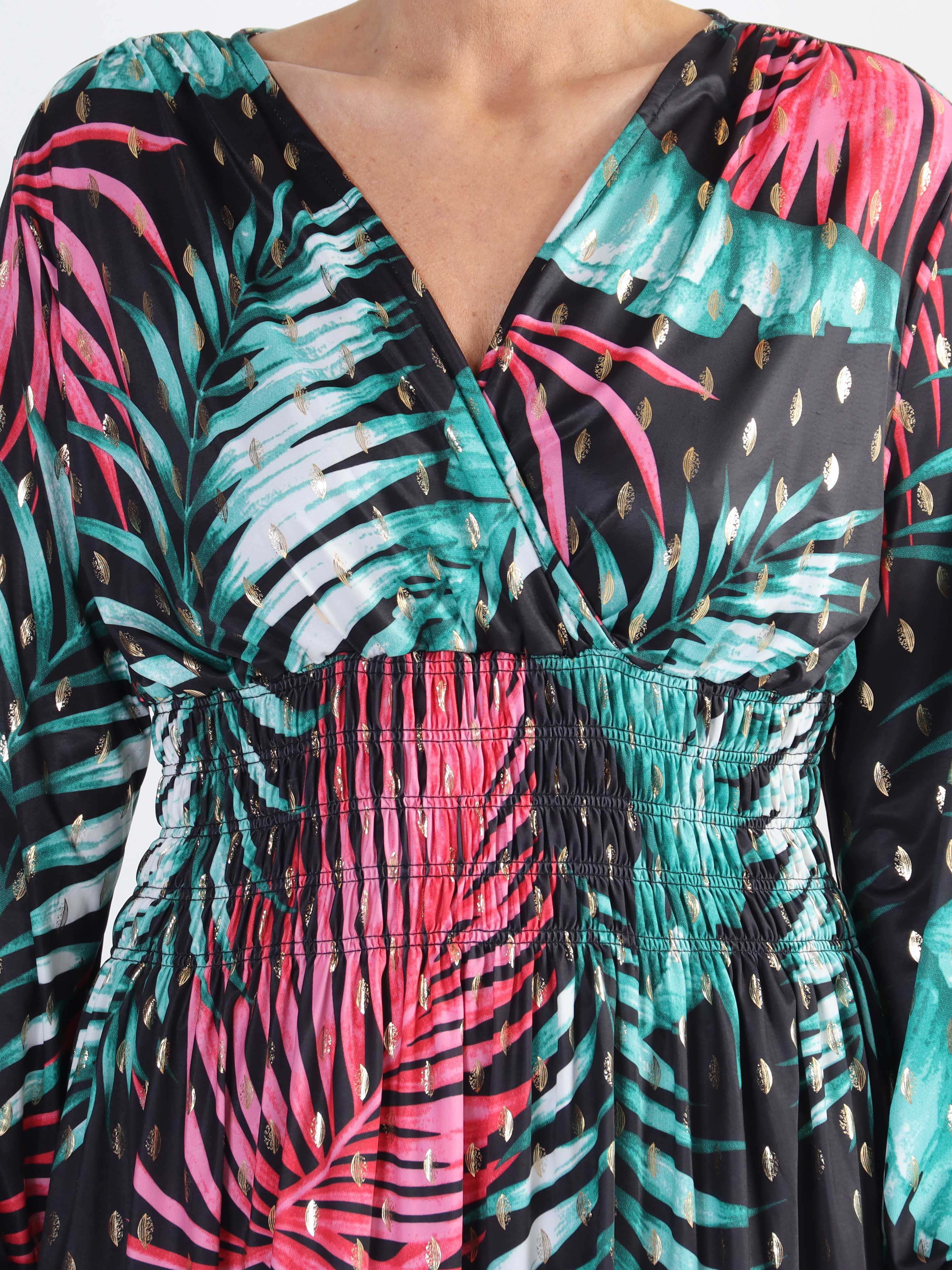 Pams Leaf Short L/S - Elastisk mønstret plus size kjole i krølfrit stof